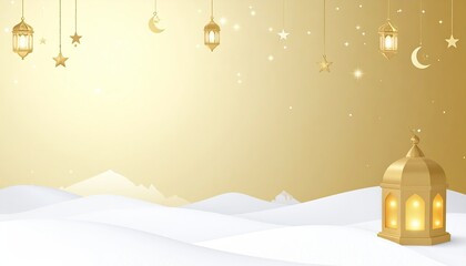 Golden crescent moon, stars, ornate lanterns, snowy landscape