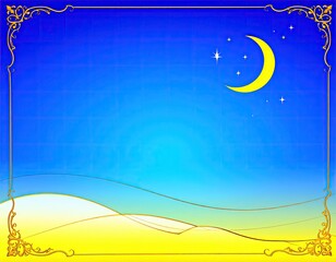 Crescent moon and stars adorn a serene desert landscape