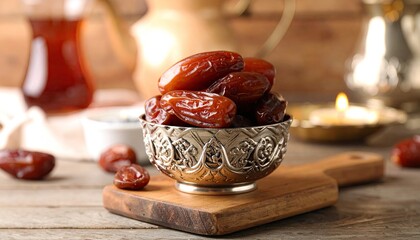 Rich, sweet dates overflowing a decorative silver bowl, soft light
