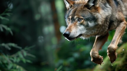 Obraz premium Majestic Grey Wolf in Motion Captured in a Lush Forest during Daylight Enhancing Nature's Wild Beauty