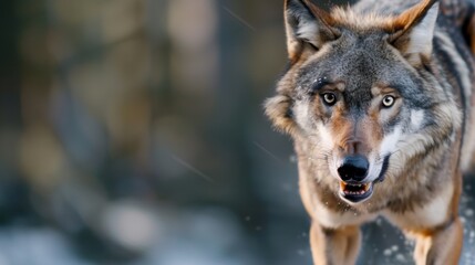 Fototapeta premium Majestic Wolf Approaching Through a Snowy Landscape with Captivating Intensity and Sharp Focus on Beautiful Eyes