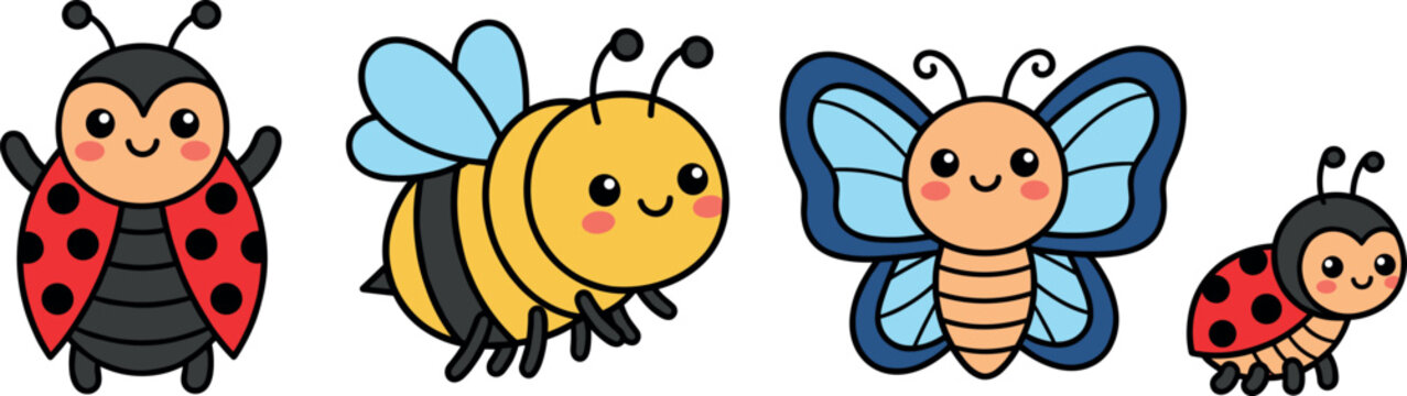 Cute cartoon insect characters set with ladybug bee butterfly and small bug vector