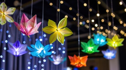 Colorful Hanging Paper Flowers with Soft Lights in Ambient Indoor Setting for Decoration and Festivity