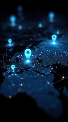 Obraz premium Vibrant photo of Vertical orientation of digital world map with glowing blue location pin markers, mobile wallpaper concept