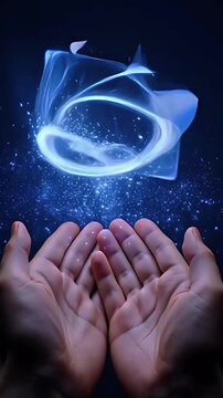 Hands Holding Glowing Blue Energy Vortex Swirl with Sparkling Particles in Dark Space for Technology Innovation and Futuristic Concepts