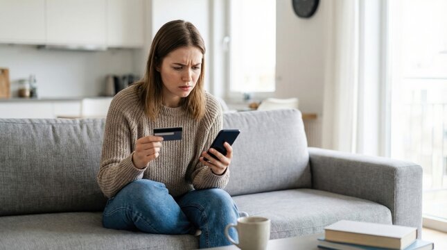 Confused Young Woman Holding Credit Card and Smartphone While Sitting on Sofa at Home, Experiencing Online Shopping Problems.