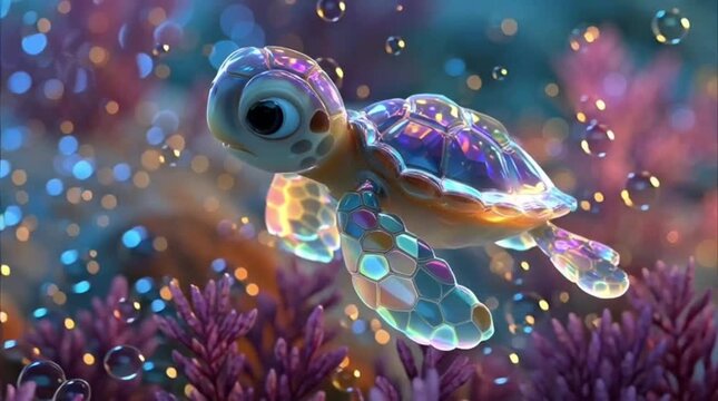 Crystal Shell Turtle Walking Through Enchanted Underwater Light Rays