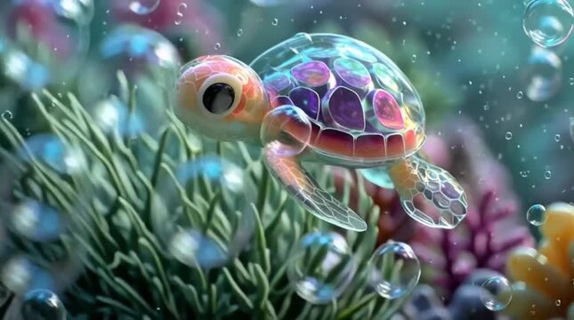 A magical underwater journey with a glowing, translucent baby sea turtle gracefully exploring a vibrant coral reef, surrounded by shimmering bubbles and light