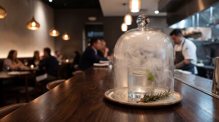 Smoked Mezcal Cocktail Under Glass Dome with Rosemary Garnish