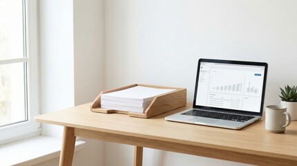 Fototapeta premium Modern Home Office Setup with Laptop and Paper Tray on Wooden Desk.