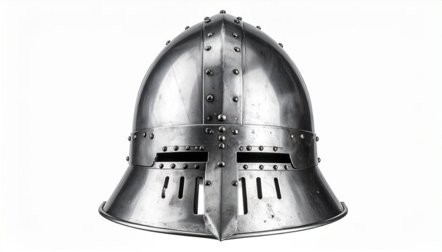 Medieval steel close helmet with polished surface, rivets, and ventilation slits.