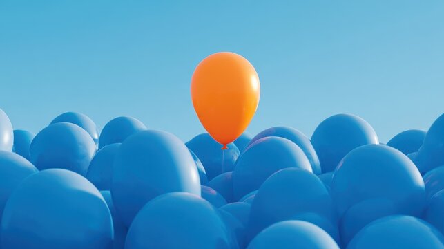Single orange balloon rising above a group of blue balloons against a blue sky, concept of individuality and standing out from the crowd