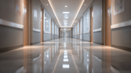 Obraz premium A modern hallway with sleek design, illuminated by soft lighting, featuring shiny floors and large windows.