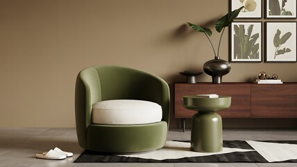 Cozy green armchair in a modern living room with minimalist decor