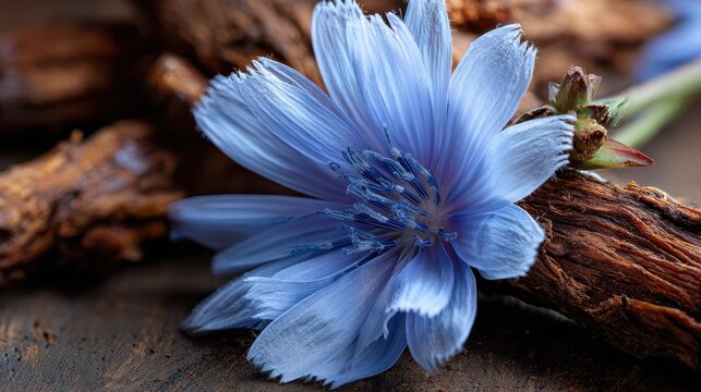 Chicory flower and roots on a rustic wooden background