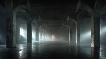 Obraz premium Empty industrial concrete basement with dramatic light rays and mist