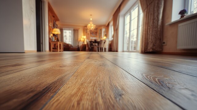 Low angle close-up of beautiful wide plank hardwood flooring in a warm and cozy home interior