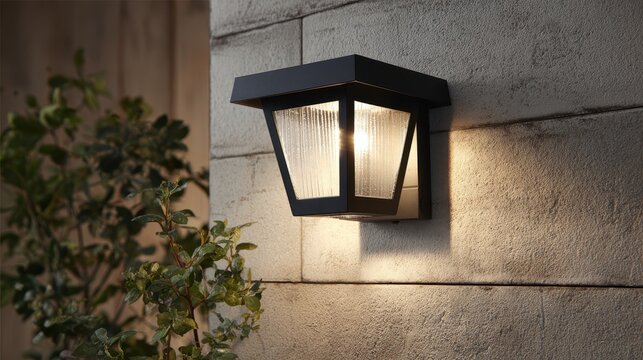 Modern outdoor black wall sconce light fixture on a textured stone wall with warm glow