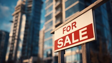 Obraz premium Property For Sale Sign in Front of Modern City Buildings