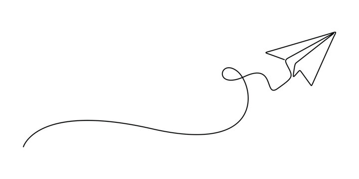 Continuous line drawing of a paper airplane, a minimalist design represent creativity, travel, or sending messages
