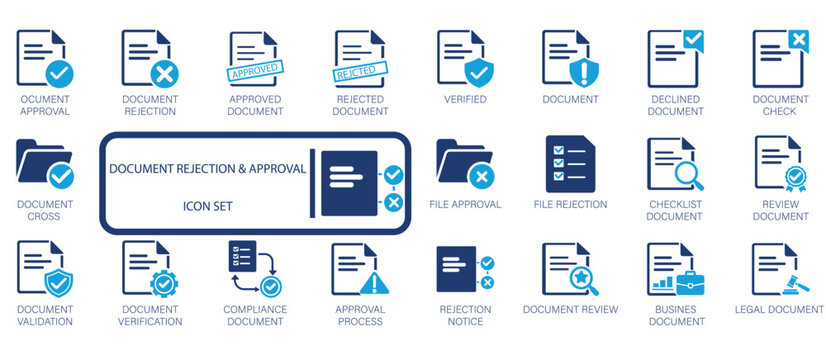 Document rejection and approval icon set featuring verified files, approved status, document check, compliance verification, rejected notice, and legal document review symbols.
