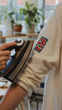 Step-by-step close-up: A hand pressing a decorative embroidered patch onto a worn linen shirt using a small, vintage iron in a bright, sunlit studio.. Upcycling Clothing & Repair Workshops.
