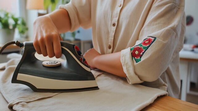 Step-by-step close-up: A hand pressing a decorative embroidered patch onto a worn linen shirt using a small, vintage iron in a bright, sunlit studio.. Upcycling Clothing & Repair Workshops.
