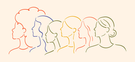 Group of women of different cultures, ethnicities and ages standing together as a symbol of equality, feminism and support. Minimalistic line art vector illustration of female profile silhouettes © Olga