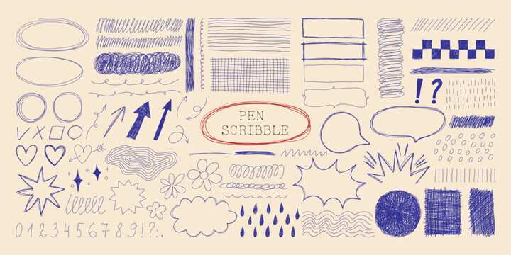 Blue pen messy scribble, arrows, textures and hatching elements. Doodle notes, various shapes, speech bubbles for grunge design. Sketchy handwritten vector clipart