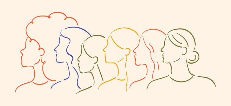 Group of women of different cultures, ethnicities and ages standing together as a symbol of equality, feminism and support. Minimalistic line art vector illustration of female profile silhouettes