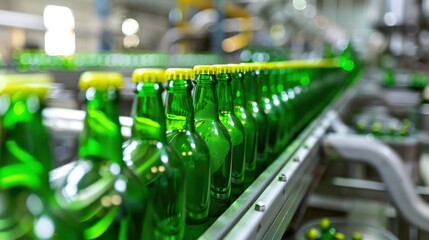 Production Line of Green Glass Bottles in Beverage Factory with Industrial Machinery and Equipment