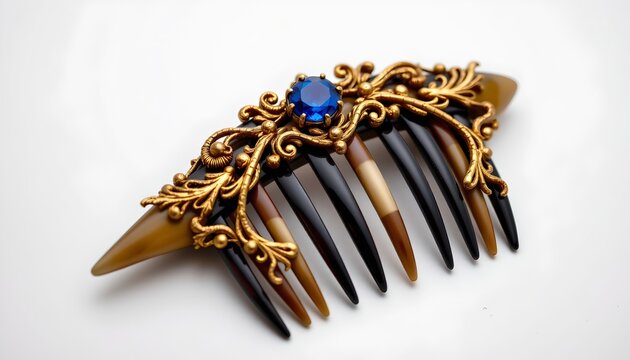 An artistic display that showcases a collection of natural teeth with a gold colored frame surrounding them. The design is intricate, with gold accents and a central piece that includes a blue gem