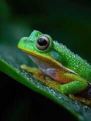Fototapeta premium Bright green tree frog covered in dewdrops sitting on leaf against dark blurred jungle background, vivid macro wildlife portrait