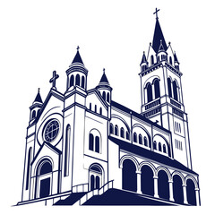 Fototapeta premium A detailed illustration of a historic church with a tall spire and intricate architectural details.