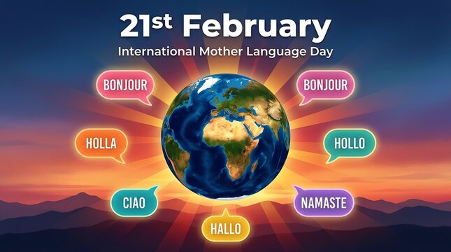 International mother language day 21st february earth globe with diverse greetings bonjour hola ciao namaste hollo hello messages in colorful radiating light