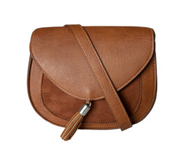 Brown Leather Crossbody Bag with Tassel Isolated on White Background