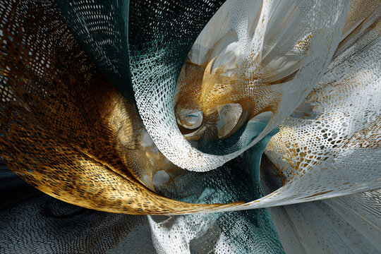 Abstract swirling patterns in vibrant shades of gold, teal, and white, creating a mesmerizing visual experience.