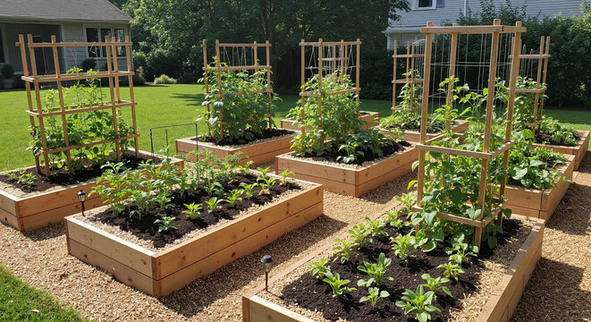 Raised garden beds with trellises and mulch in sunny backyard