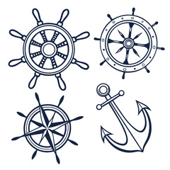 Obraz premium A collection of nautical-themed illustrations featuring ship wheels and an anchor. Vector