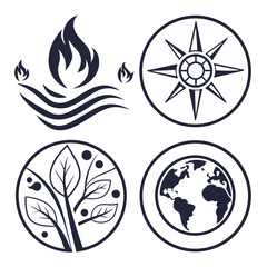 Four distinct symbols representing fire, navigation, nature, and the world. Vector