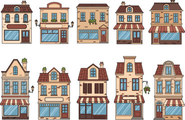 Small town storefront buildings set featuring shops, boutiques, and residential facades in colorful flat vector illustration