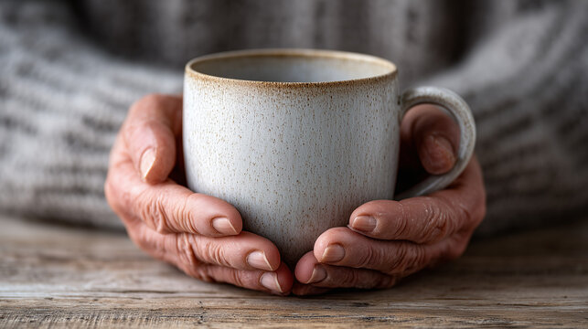 Potter's Streaked Hands Presenting a Blank, Bisque-Fired Ceramic Mug on a Minimalist Wood Surface

