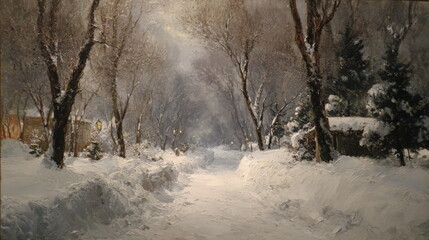 Winter sunset in a city park. The sun painting the sky in orange tones. Snow on the ground and trees reflects the warm light.