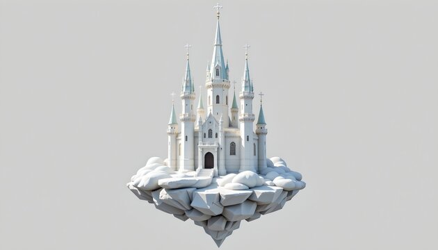 A fantastical 3D rendering of a castle floating on a cloud in an expansive sky background