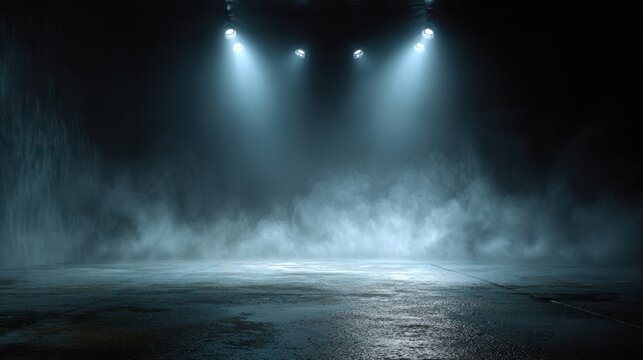 Empty stage or room with spotlights and dramatic fog effect on concrete floor