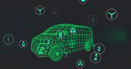 Obraz premium Displaying green passenger van rotating in 3D studio, with floating recycle and CO2 icons