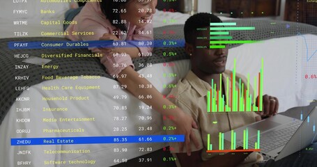 Naklejka premium Consulting couple in beige shirt, pink top viewing laptop and phone in living room, market overlays