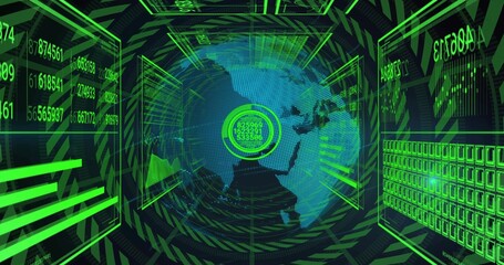 Naklejka premium Displaying holographic globe rotating in cyber command tunnel, with green reticle and HUD rings