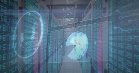 Leading data center aisle showing server racks and LED lights, with holographic globe overlays