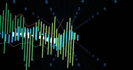 Showing 3D data chart with candlestick bars and red teal lines on black grid, blue numerals